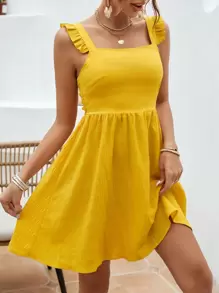 Vivid Eden Solid Ruffle Trim Cami Dress - Yellow - View 5