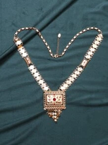 水鑽和唱片裝飾矩形吊墜項鍊 - 彩色 - 查看 3