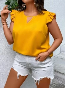 SHEIN LUNE 大碼鎖眼領荷葉邊襯衫 - 芥末黃 - 查看 1