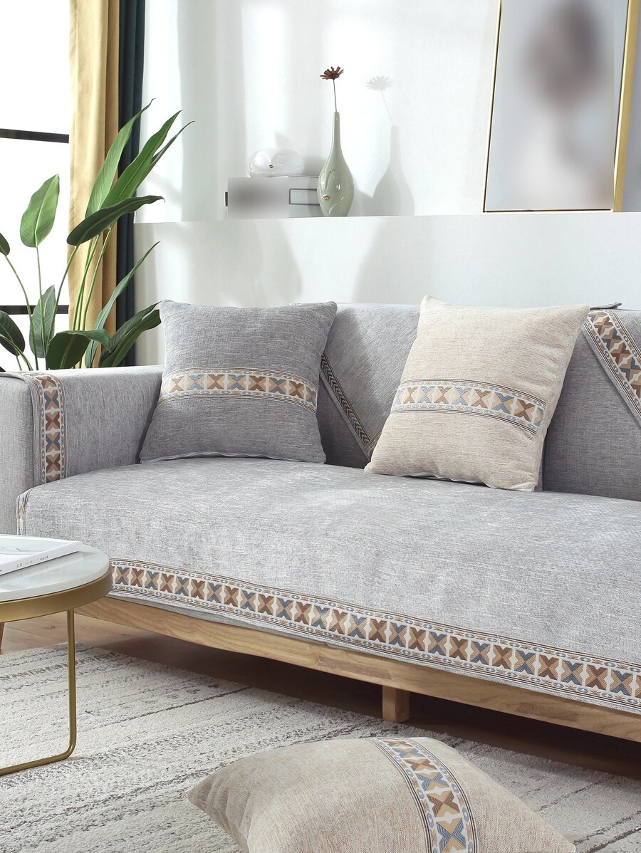 1pc Geometric Pattern Sofa Slipcover, Modernist Polyester Non-slip Stretch Sofa Slipcover For Home - Light Grey - View 1
