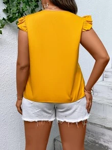 SHEIN LUNE 大碼鎖眼領荷葉邊襯衫 - 芥末黃 - 查看 2