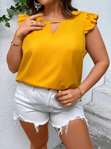 SHEIN LUNE 大碼鎖眼領荷葉邊襯衫 - 芥末黃 - 查看 3