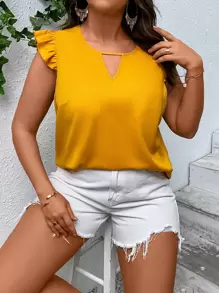 SHEIN LUNE 大碼鎖眼領荷葉邊襯衫 - 芥末黃 - 查看 4