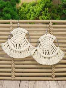 TopHanqi Bông tai trang trí tua rua trang trí chi tiết bện - trắng - Xem 6