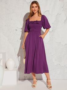 SHEIN VCAY Vestido de cuello cuadrado de manga farol con nudo delantero - Morado - Ver 1