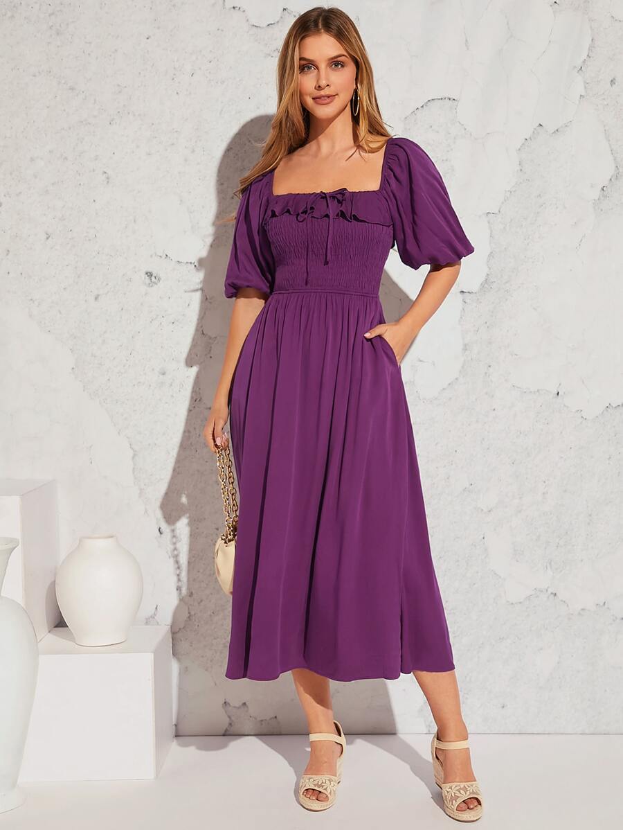 SHEIN VCAY Vestido de cuello cuadrado de manga farol con nudo delantero - Morado - Ver 1
