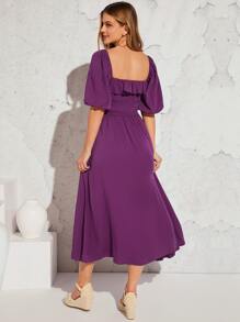 SHEIN VCAY Vestido de cuello cuadrado de manga farol con nudo delantero - Morado - Ver 3