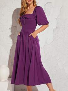 SHEIN VCAY Vestido de cuello cuadrado de manga farol con nudo delantero - Morado - Ver 2