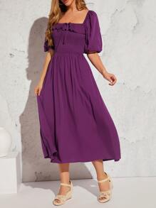 SHEIN VCAY Vestido de cuello cuadrado de manga farol con nudo delantero - Morado - Ver 4