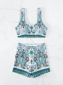 SHEIN Swim Summer Beach Paisley Print Bikini Set - Green - View 5