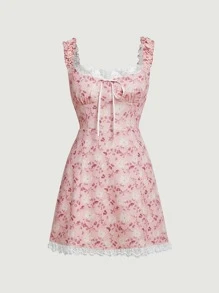 SHEIN MOD Allover Floral Print Contrast Lace Dress - Pink - View 1