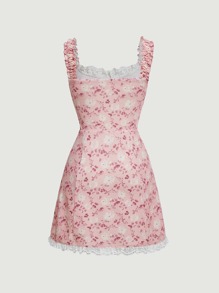 SHEIN MOD Allover Floral Print Contrast Lace Dress - Pink - View 2