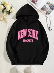 SHEIN EZwear Letter Graphic Kangaroo Pocket Drawstring Thermal Hoodie,Long Sleeve Tops - Black - View 1