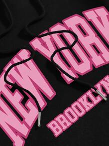 SHEIN EZwear Letter Graphic Kangaroo Pocket Drawstring Thermal Hoodie,Long Sleeve Tops - Black - View 7