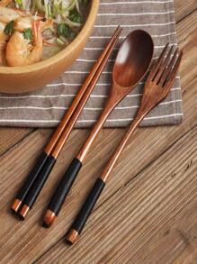 3pcs/Set Japanese-Style Wooden Convenient Tableware Spoon Chopsticks And Fork, Kitchen, Christmas Gift