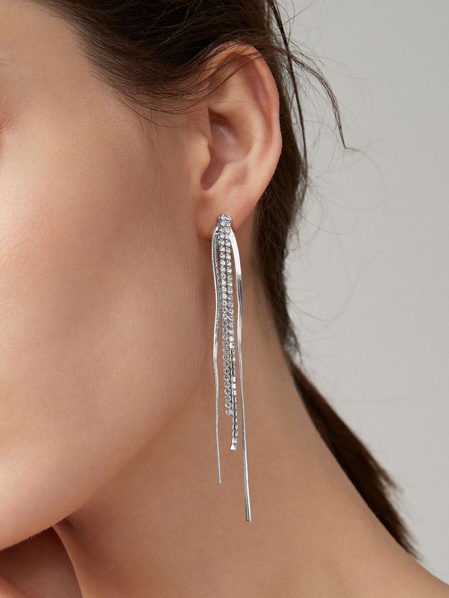 Rhinestone Decor Metal Tassel Drop Earrings - Multicolor - View 1