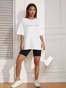 INAWLY Slogan Graphic Drop Shoulder Tee Good Things Are Coming Graphic Tees Women Tops - White - View 3