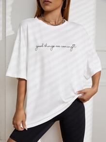 INAWLY Slogan Graphic Drop Shoulder Tee Good Things Are Coming Graphic Tees Women Tops - White - View 4