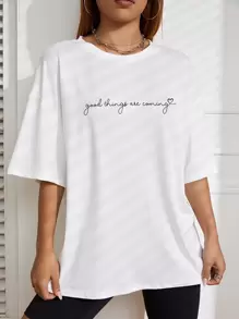 INAWLY Slogan Graphic Drop Shoulder Tee Good Things Are Coming Graphic Tees Women Tops - White - View 6