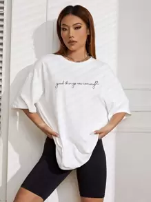 INAWLY Slogan Graphic Drop Shoulder Tee Good Things Are Coming Graphic Tees Women Tops - White - View 7