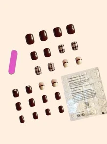 24pcs Short Square Plaid Pattern Fake Nail & 1pc Nail File & 1sheet Tape - Multicolor - View 2