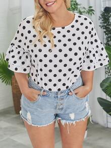 SHEIN VCAY Plus Polka Dot Print Flounce Sleeve Blouse - Black and White - View 3