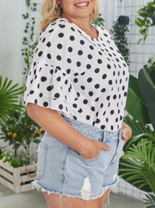 SHEIN VCAY Plus Polka Dot Print Flounce Sleeve Blouse - Black and White - View 5