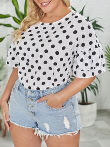 SHEIN VCAY Plus Polka Dot Print Flounce Sleeve Blouse - Black and White - View 6