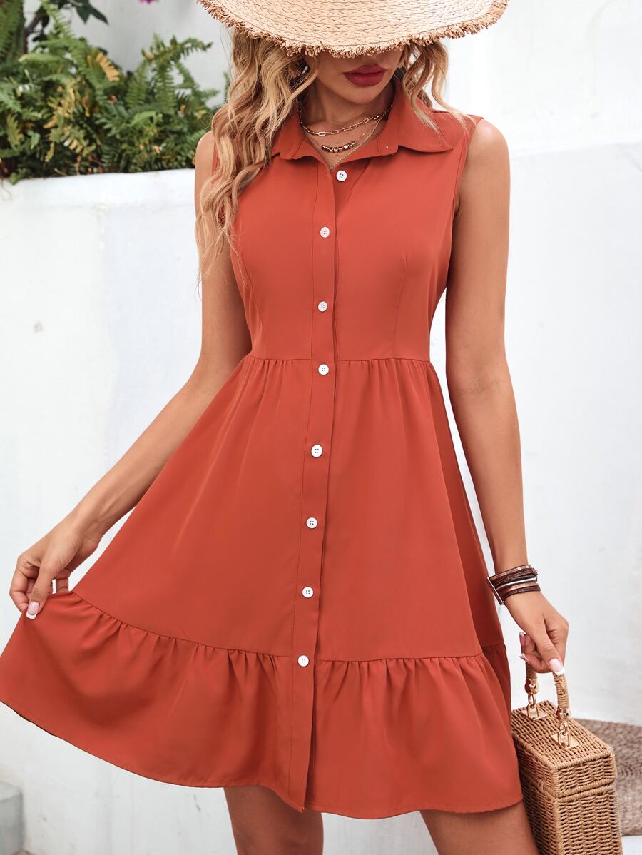 SHEIN VCAY Ruffle Hem Button Front Sleeveless Shirt Dress - Burnt Orange - View 1