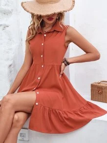 SHEIN VCAY Ruffle Hem Button Front Sleeveless Shirt Dress - Burnt Orange - View 4