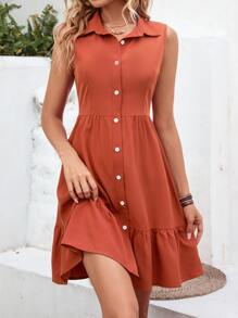SHEIN VCAY Ruffle Hem Button Front Sleeveless Shirt Dress - Burnt Orange - View 6