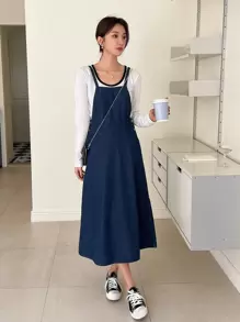 DAZY Solid Slant Pocket Pinafore Dress Without Tee - Blue - View 1