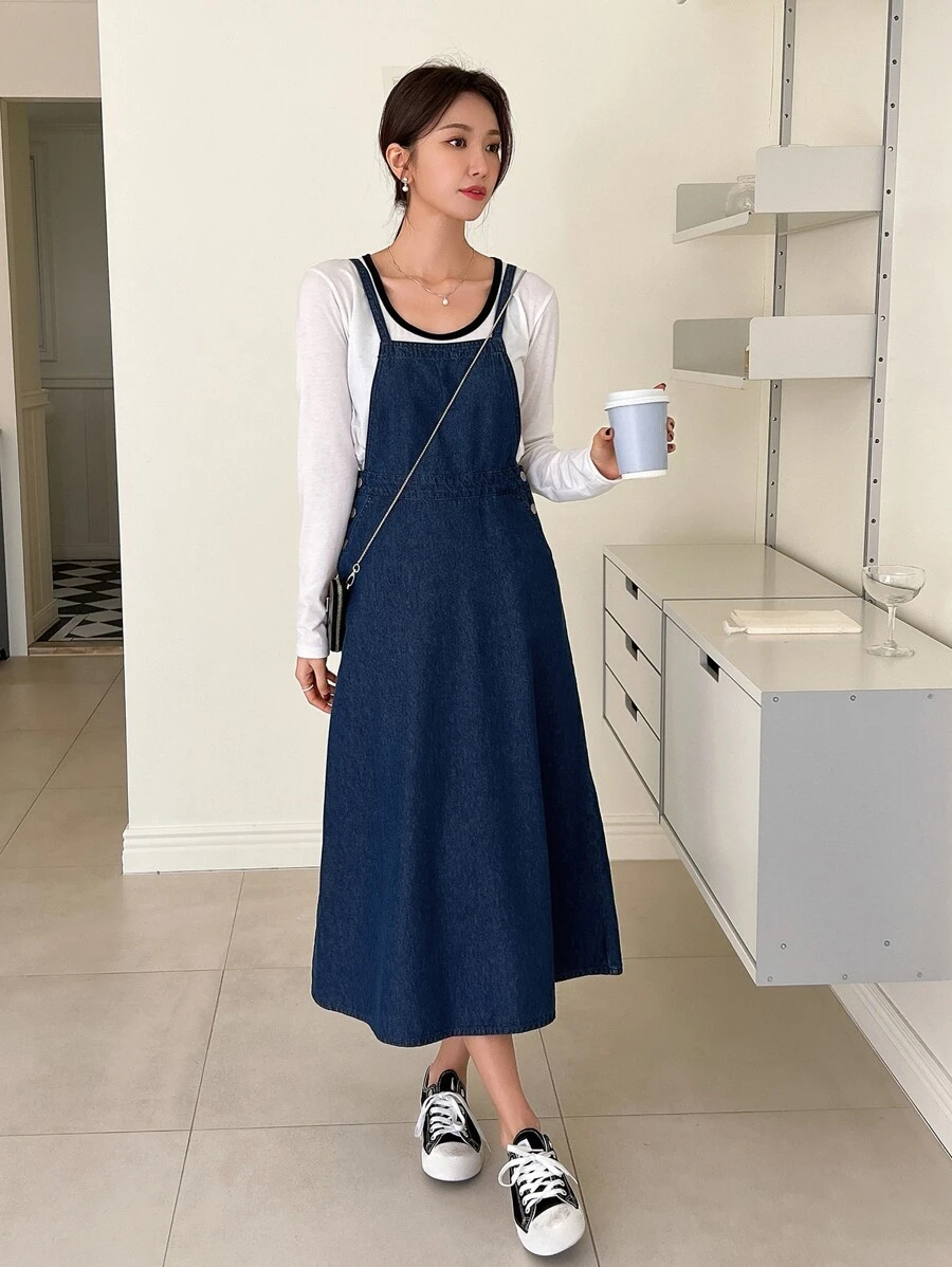 DAZY Solid Slant Pocket Pinafore Dress Without Tee - Blue - View 1