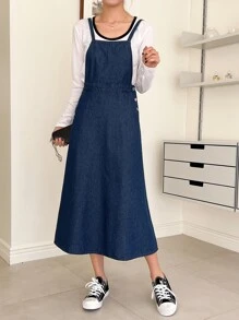 DAZY Solid Slant Pocket Pinafore Dress Without Tee - Blue - View 2
