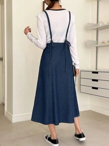 DAZY Solid Slant Pocket Pinafore Dress Without Tee - Blue - View 3