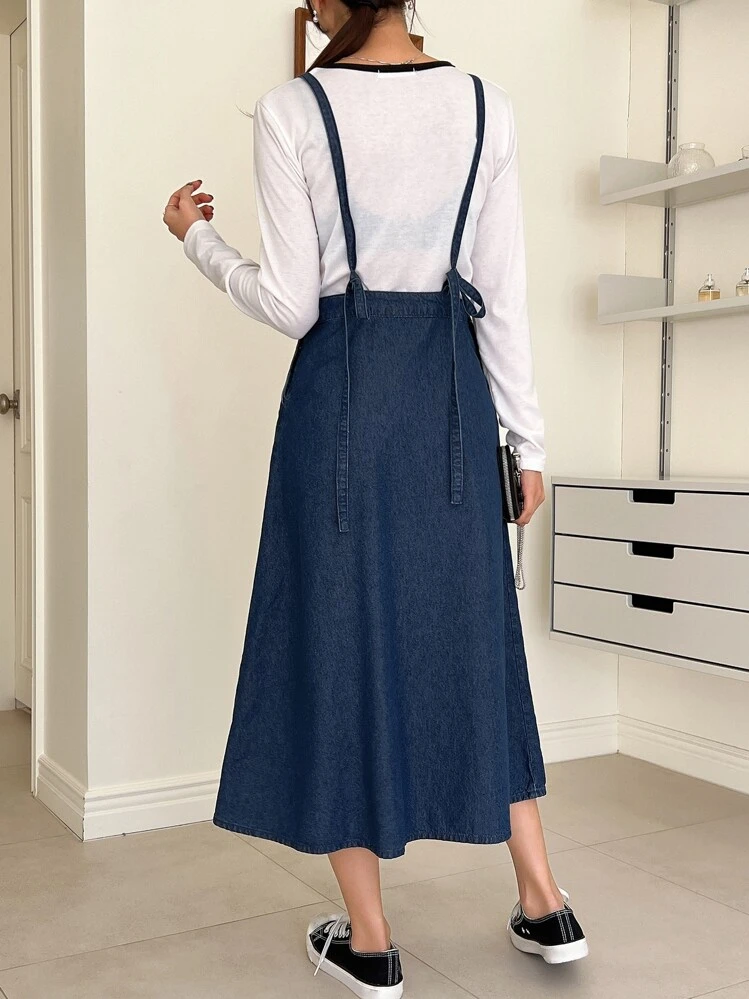 Vestido overol unicolor con bolsillo oblicuo sin camiseta - Azul - Ver 3
