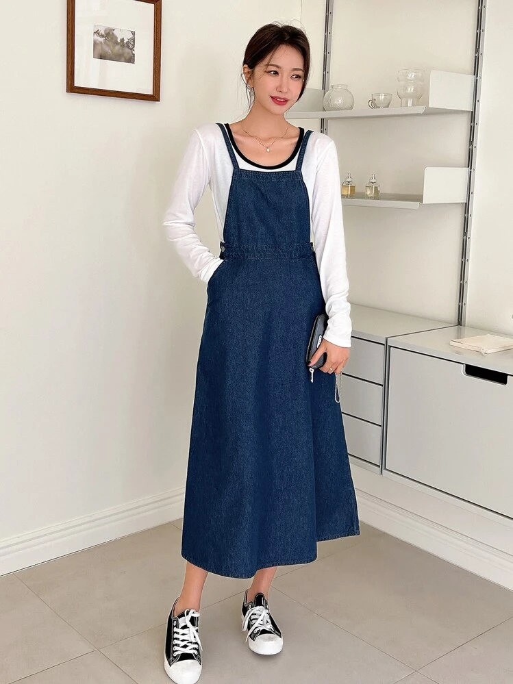 Vestido overol unicolor con bolsillo oblicuo sin camiseta - Azul - Ver 4