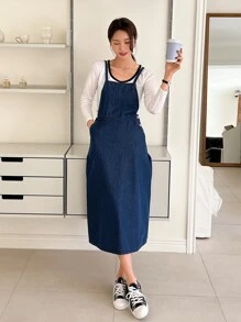 DAZY Solid Slant Pocket Pinafore Dress Without Tee - Blue - View 6