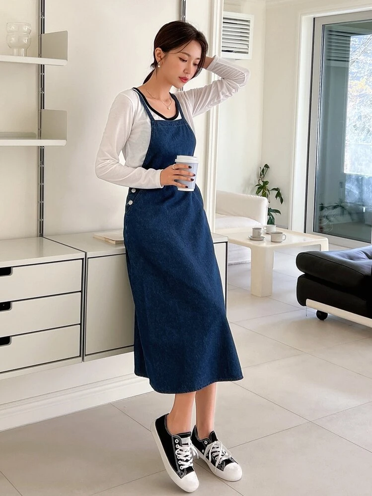 Vestido overol unicolor con bolsillo oblicuo sin camiseta - Azul - Ver 7