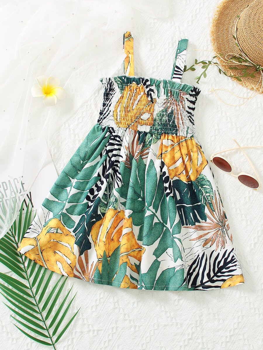 小女童熱帶圖案吊帶洋裝