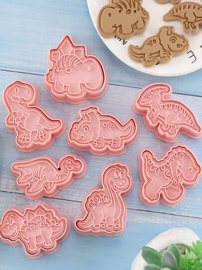 8pcs Dinosaur Themed Press Cookie Molds, 3d Cartoon Dinosaur Shaped Biscuit Baking Tools, Cookie Cutter For Pastry, Bread, Cake Decoration, 1 Box 8sets Cookie Molds