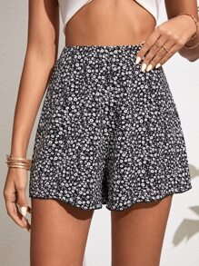 SHEIN VCAY Ditsy Floral Print Wide Leg Shorts - Black - View 1