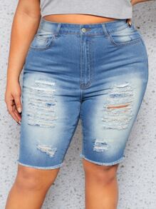 SHEIN SXY Knapp Ficka Sömnlös Nederkant Rev Dragkedja Enkel Plus Size Denim Shorts - Mediumtvätt - Visa 1