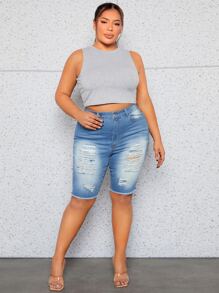 SHEIN SXY Knapp Ficka Sömnlös Nederkant Rev Dragkedja Enkel Plus Size Denim Shorts - Mediumtvätt - Visa 3