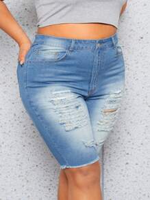SHEIN SXY Knapp Ficka Sömnlös Nederkant Rev Dragkedja Enkel Plus Size Denim Shorts - Mediumtvätt - Visa 4