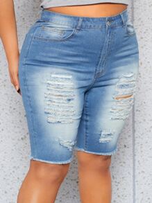 SHEIN SXY Knapp Ficka Sömnlös Nederkant Rev Dragkedja Enkel Plus Size Denim Shorts - Mediumtvätt - Visa 6