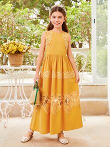 SHEIN 女孩素色蕾絲拼接洋裝 - 黃色 - 查看 3