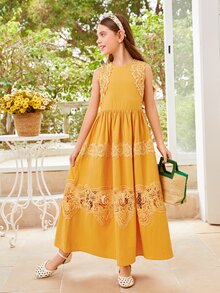 SHEIN 女孩素色蕾絲拼接洋裝 - 黃色 - 查看 5
