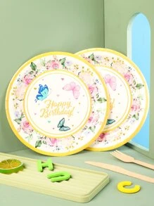 10pcs Butterfly & Floral Pattern Disposable Plate - Multicolor - View 3