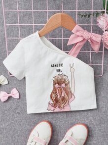 SHEIN Tops con gái lớn Bất đối xứng Thắt nút Con số Lá thư Giải trí - Màu Hồng baby - Xem 1